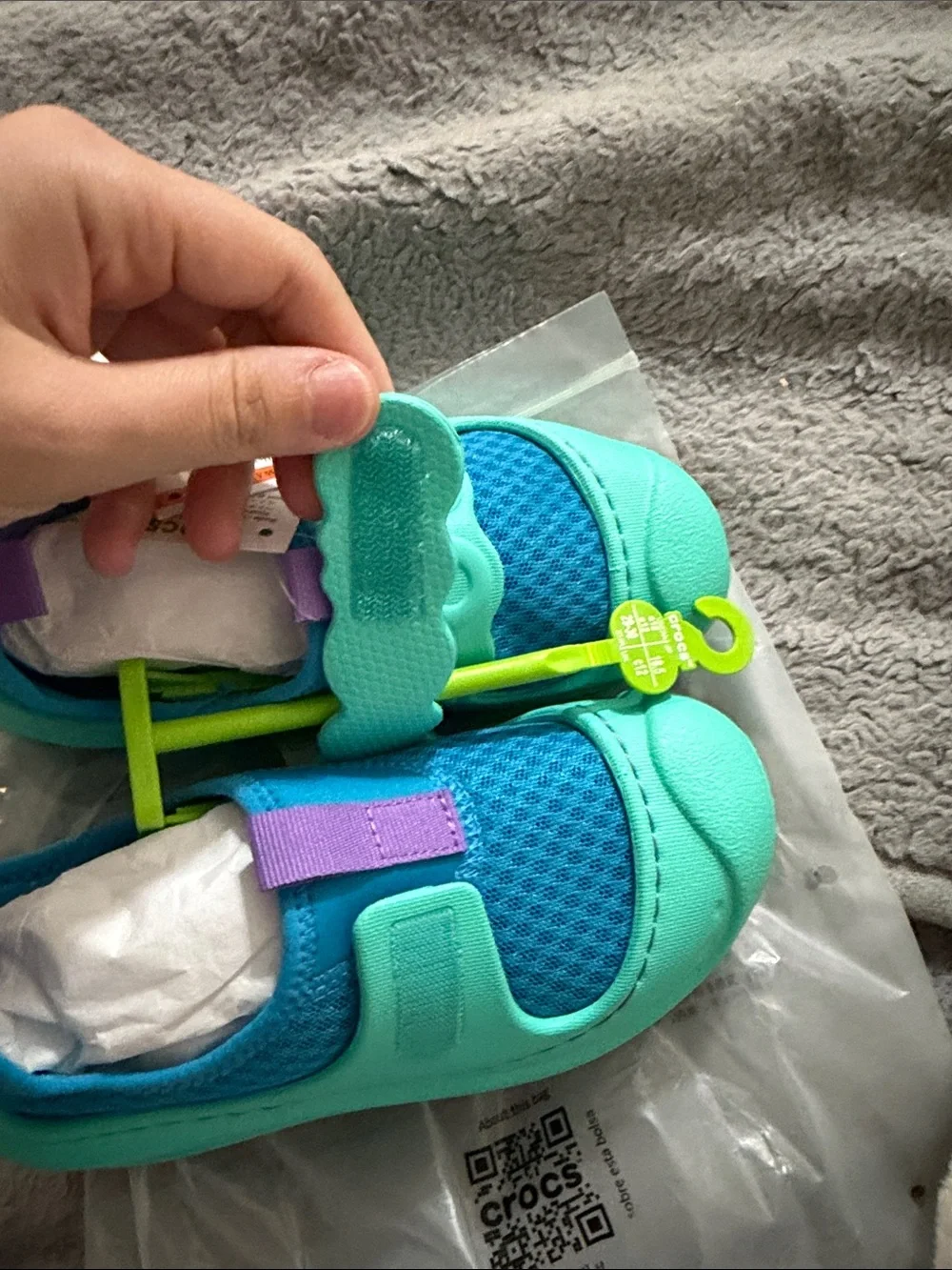 CROCS Kids Blue & Mint Foam Clogs with Purple Straps